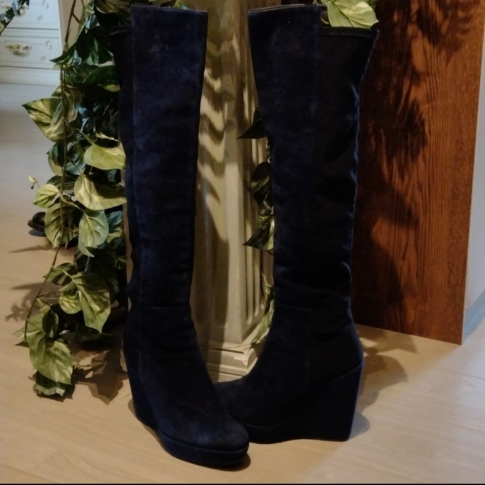 Stuart Weitzman suede blue Navy wedge 5050 over the knee boots size 9.5